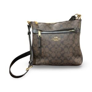 Coach Mae File Crossbody Signature Canvas Brown Black Gold Zip Bag